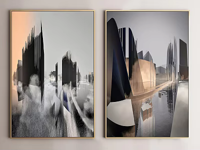 Modern Cityscape Wall Art With Gold Framed Abstract Building Silhouettes And Light Effects 3d model