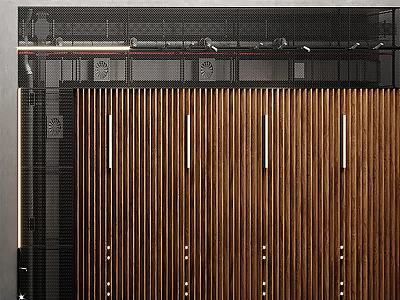 Stylish Modern Ceiling Design With Wooden Slats And Metal Frame Details 3d model