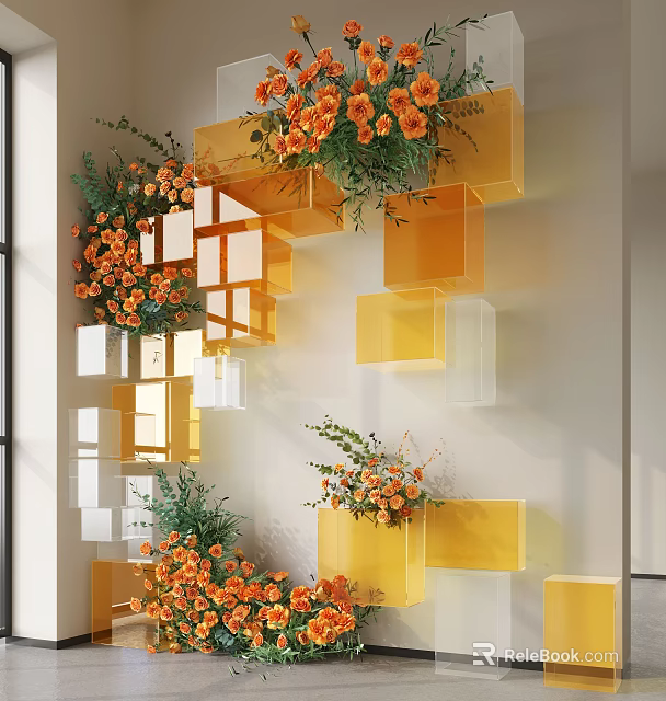 Indoor Wall Decor Featuring Yellow Transparent Cubes And Orange Flowers Arrangement Design 3d model 