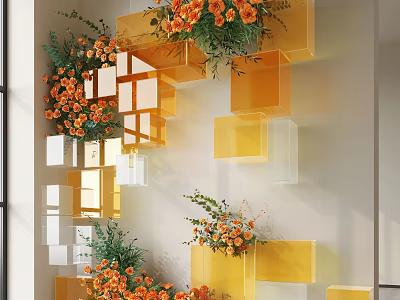 Indoor Wall Decor Featuring Yellow Transparent Cubes And Orange Flowers Arrangement Design 3d model