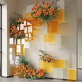 Indoor Wall Decor Featuring Yellow Transparent Cubes And Orange Flowers Arrangement Design