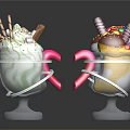 Two Glass Cups of Ice Cream with Whipped Cream Chocolate Sticks and Colorful Toppings