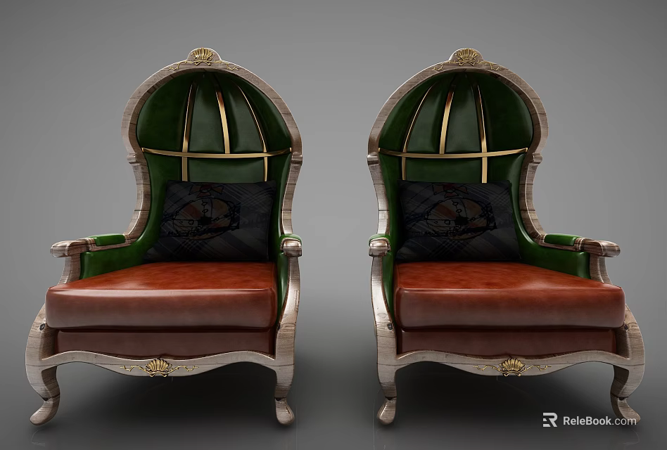 Vintage Single Sofa with Green Arched Backrest Brown Seat and Gold Accents Decorative Pillow 3d model 