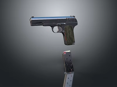 Silver Pistol Featuring Wooden Textured Grip And Magazine With Bullets On Gray Background 3d model