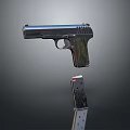 Silver Pistol Featuring Wooden Textured Grip And Magazine With Bullets On Gray Background