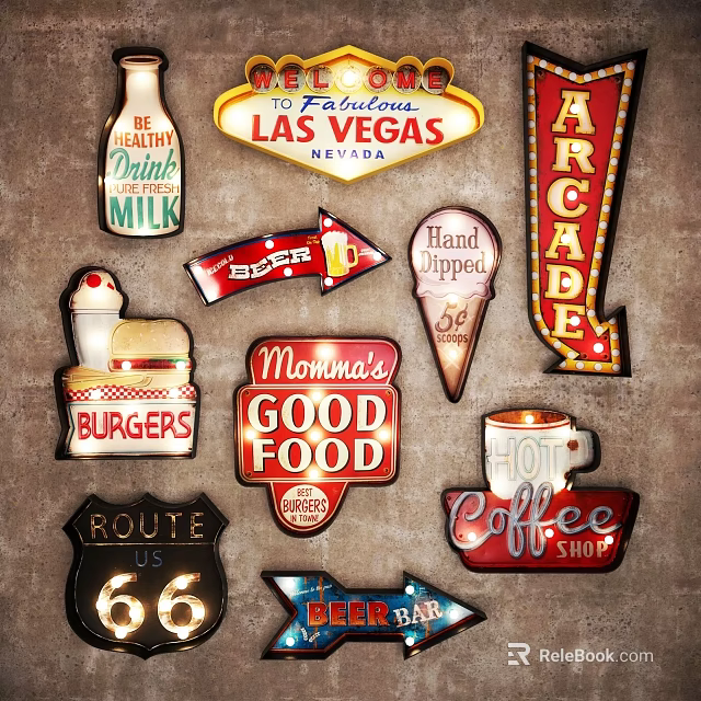 Vintage Retro Decorative Lights With Las Vegas Route 66 Arcade And Food Signs Design 3d model 