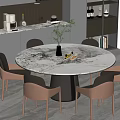 Elegant Round Marble Top Dining Table Set With Light Brown Chairs In Modern Kitchen 3d model
