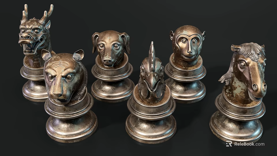 Detailed Animal Head Metal Sculptures With Various Wildlife Figures And Ornate Bases 3d model 