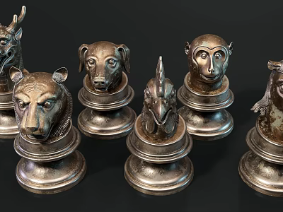 Detailed Animal Head Metal Sculptures With Various Wildlife Figures And Ornate Bases 3d model