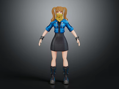 3D Female Biological Character With Blonde Twin Ponytails Yellow Scarf Blue Jacket And Black Boots 3d model