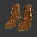 Orange Studded Ankle Boots With Double Buckles And Block Heel