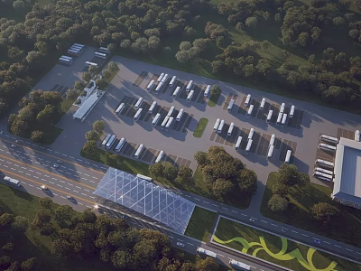 Aerial View Of Large Parking Lot Surrounded By Trees Near Highway And Modern Buildings 3d model