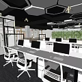 Modern Public Office Space With Hexagonal Ceiling Lights White Desks And Computers 3d model
