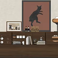 Wooden Decorative Cabinet with Storage Compartments Cat Art Painting Books and Table Lamp