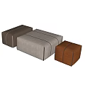 Modern Ottoman Footstool in Brown and Gray Fabric and Leather for Living Room