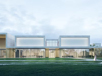 Modern Sales Center Building With Glass Facade Clean Lines And Front Lawn Landscaping 3d model