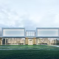 Modern Sales Center Building With Glass Facade Clean Lines And Front Lawn Landscaping