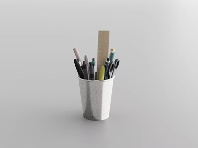 White Speckled Pen Holder With Assorted Pens And Wooden Memo Pad 3d model