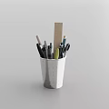 White Speckled Pen Holder With Assorted Pens And Wooden Memo Pad