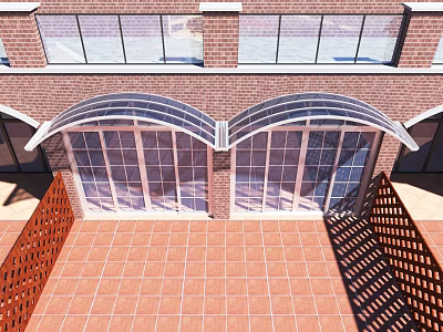 Arched Glass Entrance Gate Of Red Brick Building With Tiled Courtyard And Wooden Fence 3d model