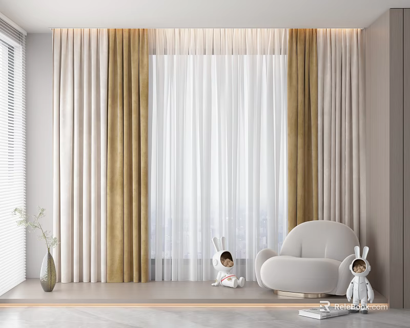 White Sheer and Golden Curtains in Modern Minimalist Room with Grey Armchair and Rabbit Dolls 3d model 