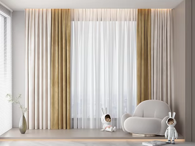 White Sheer and Golden Curtains in Modern Minimalist Room with Grey Armchair and Rabbit Dolls 3d model