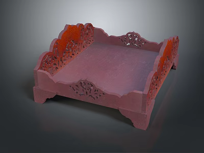 Red Carved Decorative Tray With Intricate Openwork Design And Four Legs 3d model