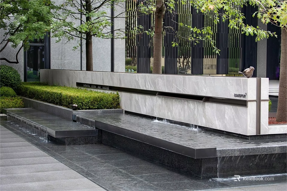 Modern Garden Landscape With Water Feature Stone Wall And Green Trees 3d model 