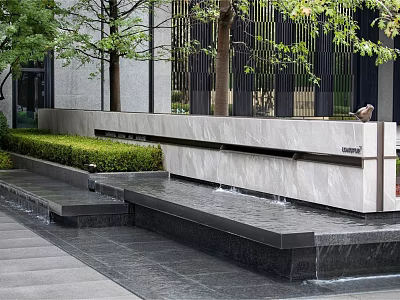 Modern Garden Landscape With Water Feature Stone Wall And Green Trees 3d model