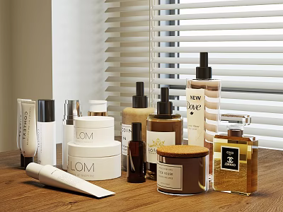 Premium Perfumes and Cosmetics with Lotion Bottles Cream Jars Essential Oil Vials on Wooden Table 3d model
