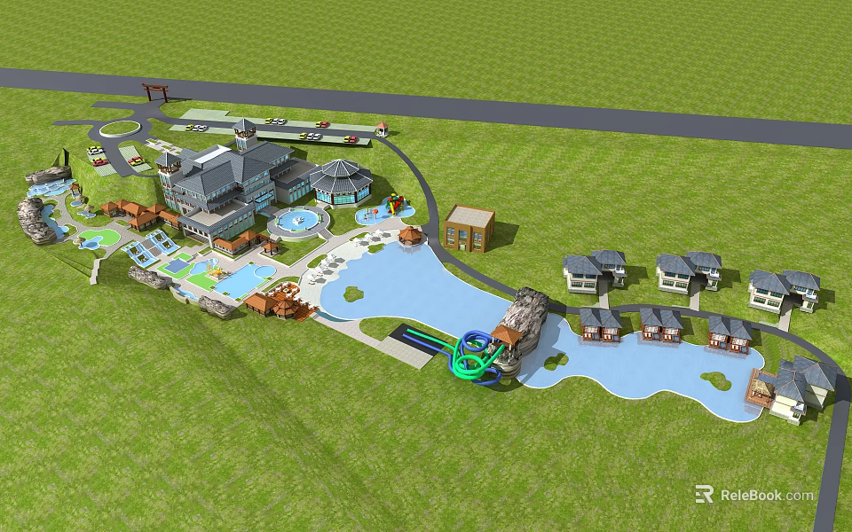 Luxury Resort Layout With Green Lawns Water Slide Cottages And Buildings 3d model 