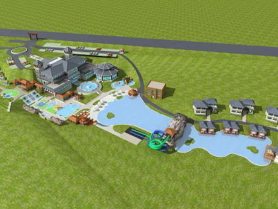 Luxury Resort Layout With Green Lawns Water Slide Cottages And Buildings 3d model
