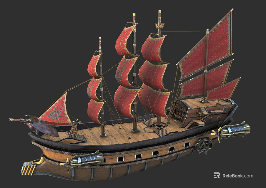 Vintage Wooden Ship With Red Sails Multiple Masts And Decorative Details 3d model 