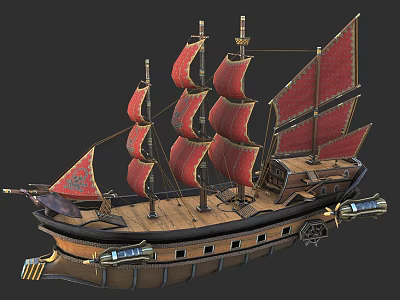 Vintage Wooden Ship With Red Sails Multiple Masts And Decorative Details 3d model