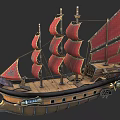 Vintage Wooden Ship With Red Sails Multiple Masts And Decorative Details