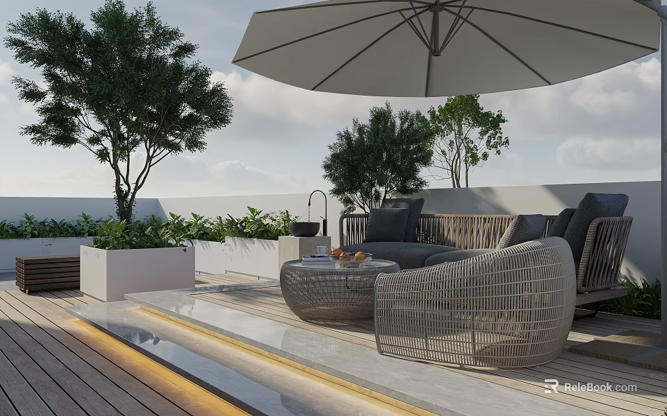 Modern Roof Garden With Rattan Furniture Large Umbrella And Green Plants 3d model 