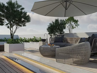 Modern Roof Garden With Rattan Furniture Large Umbrella And Green Plants 3d model