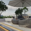 Modern Roof Garden With Rattan Furniture Large Umbrella And Green Plants