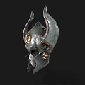 Ornate Metallic Helmet With Curved Horns Skull Design And Red Gem Accent
