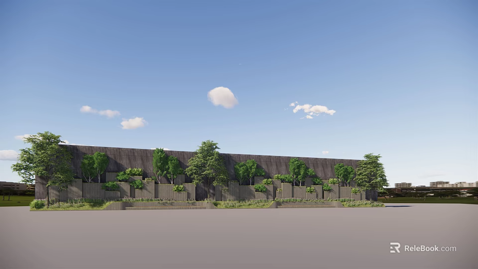 Modern Gray Scenic Wall with Green Plants Blue Sky and White Clouds 3d model 