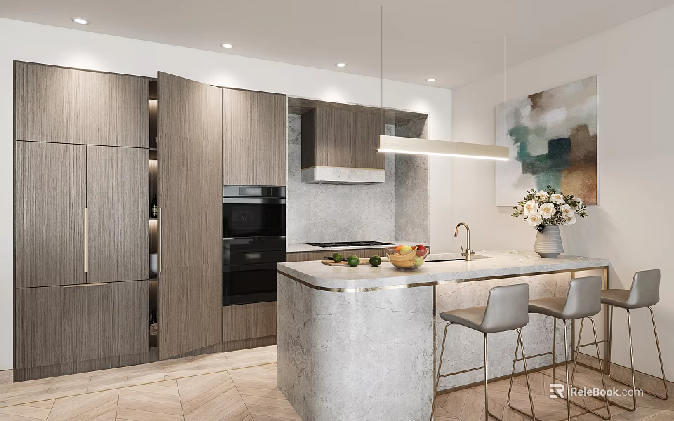 Modern Kitchen Bar Area Interior With Marble Counter Bar Stools And Pendant Lights 3d model