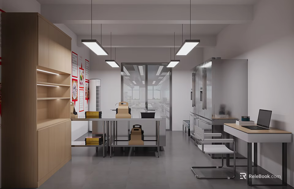 Modern Commercial Kitchen Interior With Worktables Pendant Lights And Wooden Cabinets 3d model 