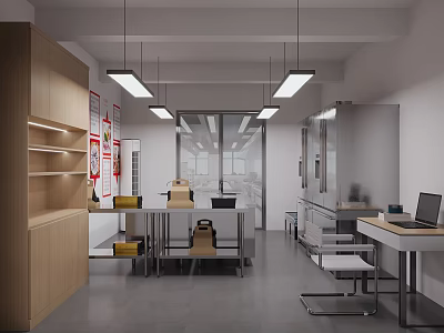 Modern Commercial Kitchen Interior With Worktables Pendant Lights And Wooden Cabinets 3d model