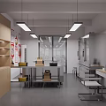 Modern Commercial Kitchen Interior With Worktables Pendant Lights And Wooden Cabinets