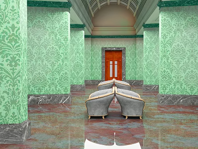 Intricate Column Sculptures Carved in Classic Interior with Green Patterned Walls and Marble Floor 3d model