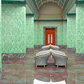 Intricate Column Sculptures Carved in Classic Interior with Green Patterned Walls and Marble Floor