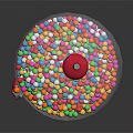 Red Robot With Gumball Machine Head Holding Colorful Candy Balls Scattered On Floor