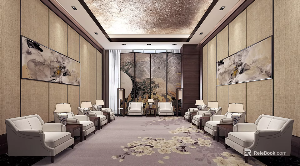 Spacious Hotel Public Lounge Area With Chinese Paintings Sofas Floral Carpet And Windows 3d model 