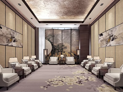 Spacious Hotel Public Lounge Area With Chinese Paintings Sofas Floral Carpet And Windows 3d model