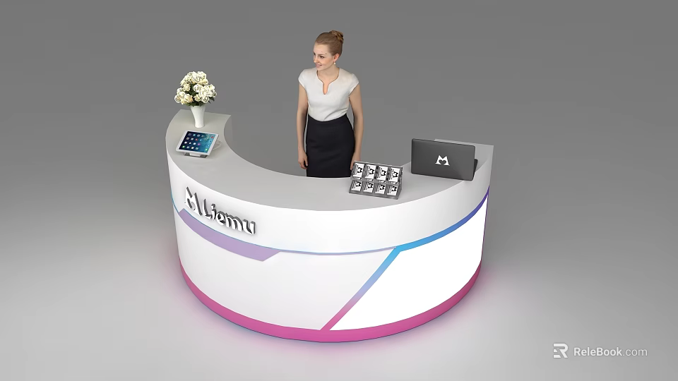 Modern Curved Reception Desk With White Pink Blue Gradient Design Tablet Laptop Flower And Receptionist 3d model 